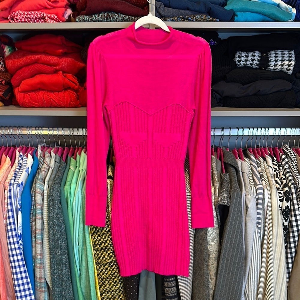 Anthrpologie hot pink long sleeve mock neck bodycon sweater dress size SP